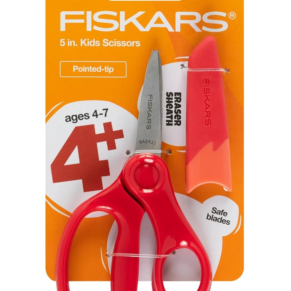 Fiskars Kids Scissors, 5", Pointed, School Supplies for Kids 4+, Red